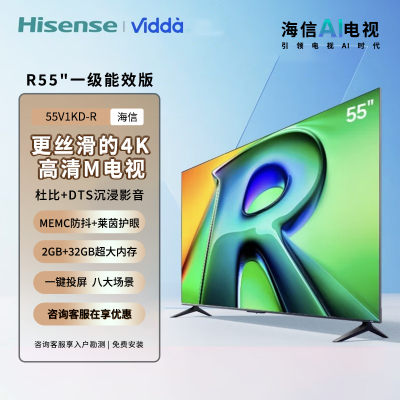 Vidda 海信电视55英寸 R55 一级能效版 2+32G 4K超高清智能投屏家用智能液晶游戏电视55V1KD-R