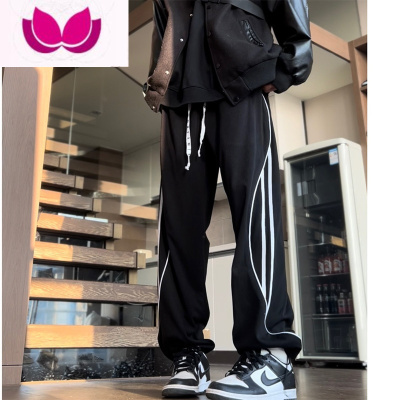 七斓黑白裤子男美式高街宽松抽绳运动裤vibe潮牌解构设计感休闲裤