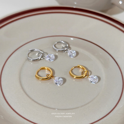 s925纯银简约素圈耳环女轻奢风百搭水滴锆石吊坠耳圈时尚潮流耳饰送女朋友老婆情人节七夕生日礼物