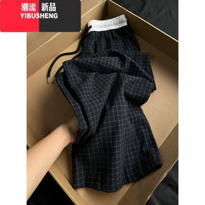 YIBUSHENG国潮牌拼色格子高腰休闲裤女季宽松阔腿原宿风休闲百搭直筒长裤