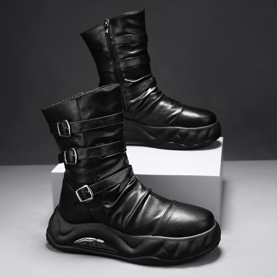 秋冬新款厚底增高骑士潮靴皮面黑色工装机车侧拉链高帮户外男靴