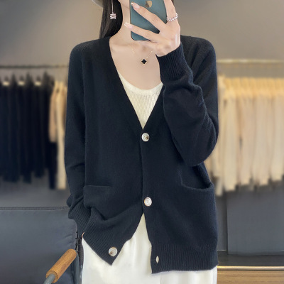 薄款带兜V领开衫女外套上衣纯色宽松气质针织衫披肩厂家