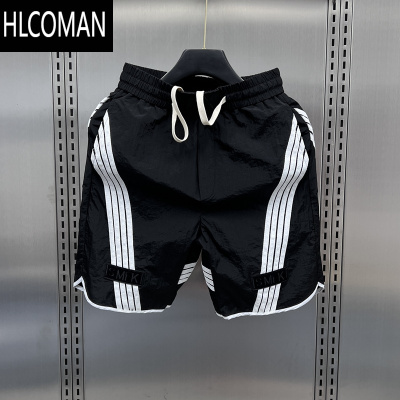 HLCOMAN男士夏季薄款速干条纹拼接短裤网红宽松直筒五分裤休闲运动沙滩裤