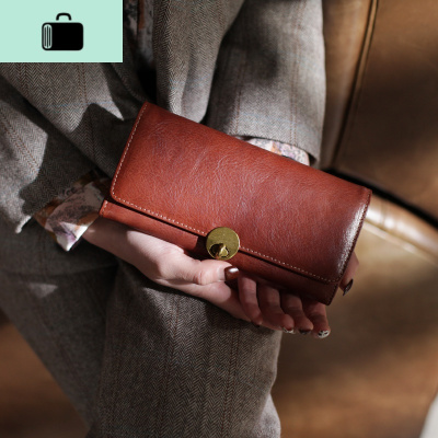 原创设计ins皮复古长款钱夹女士简约超薄日系文艺手工牛皮钱包NEW LAKE 棕色