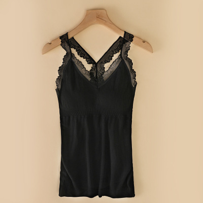 保暖背心女士 美背蕾丝性感v领吊带毛圈绒纯色修身显瘦带胸垫打底