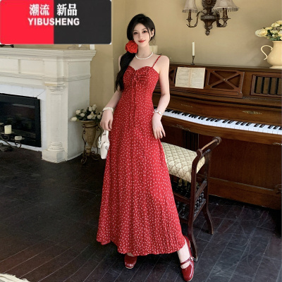 YIBUSHENG大码吊带连衣裙女季抹胸碎花气质长裙胖MM红色波点显瘦遮肉裙子