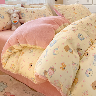 ins加厚A版全棉B版牛奶绒床上四件套冬季加绒法莱绒床单被套