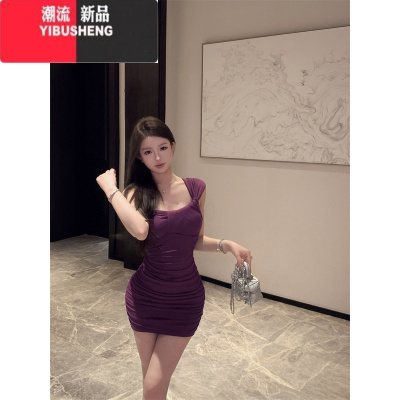 YIBUSHENG纯欲风性感紫色单肩连衣裙女季紧身褶皱短裙显身材收腰包臀裙子