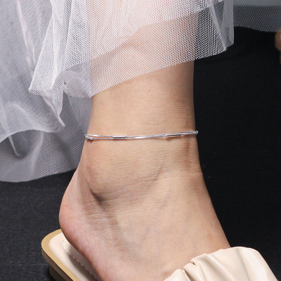 纯银脚链森系银饰个性足链韩版学生简约百搭双层方块脚饰脚踝链送女朋友老婆情人节七夕生日礼物