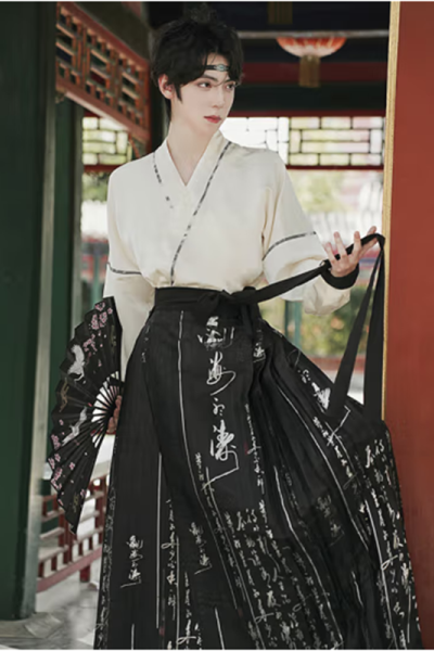 HD 原创新中式织金马面裙男款汉服古装交领中国风书生套装明制表演服 提花上衣+黑色织金马面裙XL