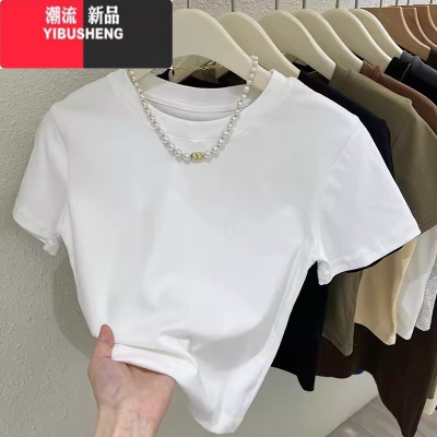 YIBUSHENG季圆领百搭修身纯欲正肩短袖t恤女辣妹高腰短款露肚脐体恤上衣