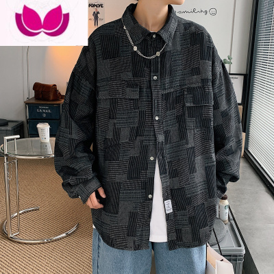 七斓新款美式工装风复古水洗牛仔格子长袖衬衫男潮流衣服外套上衣
