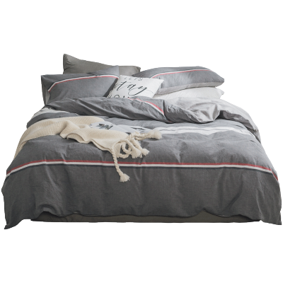 美帮汇风床上水洗棉四件套 全棉 超柔 全棉北欧条纹格子被罩简约大气