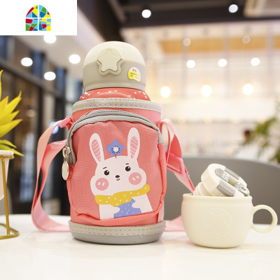 学生创意企鹅保温杯带吸管大容量双盖带布套儿童水壶宝宝喝水杯子 FENGHOU 无书包款绿色600ML送杯刷