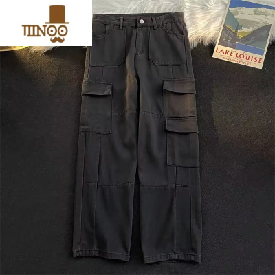 YANXUins潮牌美式多口袋工装牛仔裤男女街头复古直筒裤日系水洗阔腿裤