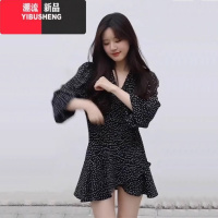 YIBUSHENG法式黑色御姐风收腰显瘦看碎花v领连衣裙子女春2024新款