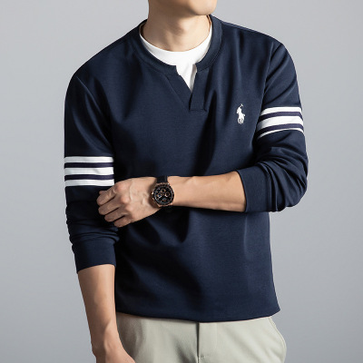 时尚休闲男士卫衣秋季新款圆领拼接假两件打底长袖T恤男