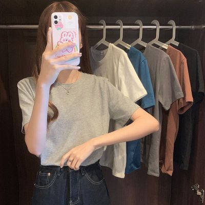 6535棉韩版纯色复古短袖T恤女新款百搭宽松学生显瘦休闲上衣