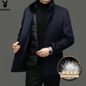 花花公子高档水貂毛领中长款男士羊毛呢大衣可拆羽绒马甲冬保暖防寒外套厚