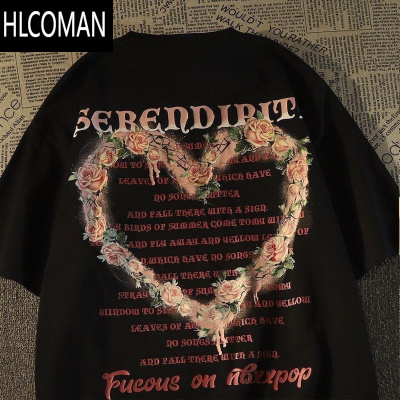 HLCOMAN美式复古玫瑰印花短袖t恤男夏季宽松欧美潮牌情侣ins潮流上衣