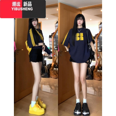 YIBUSHENG美式高街潮牌三条杆短袖t恤女2024年新款季宽松设计感小众上衣