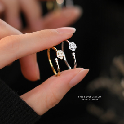 s999足银法式复古山茶花戒指女个个性百搭小众高级气质开口戒批发送女朋友老婆情人节七夕生日礼物