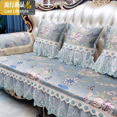 欧式沙发垫套罩四季通用防滑贵妃123组合轻美式真皮坐垫 三维工匠 蝶恋花-米咖(直边款) 47*47cm抱枕套