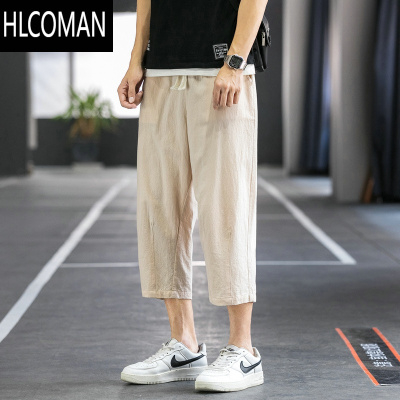 HLCOMAN运动裤男士夏季薄款亚麻七分裤阔腿八分短裤九分休闲长裤子C