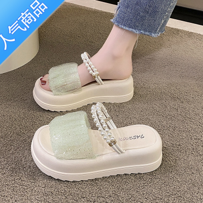 SUNTEK踩屎感珍珠厚底凉鞋女2023新款夏季小个子增高两穿凉拖鞋女34小码