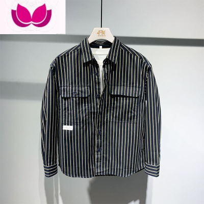 七斓风形长袖条纹衬衫男外套宽松上衣韩版潮流痞帅寸衫男士衬衣潮