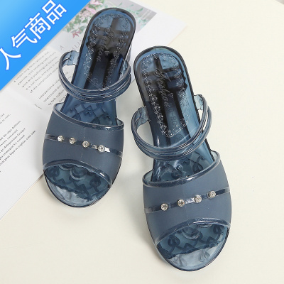 SUNTEK时尚网红凉鞋女夏外穿粗跟一字妈妈单鞋中跟两穿沙滩防滑百搭果冻