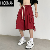 HLCOMAN美式复古酒红色工装短裤男夏季潮牌机能裤子宽松阔腿过膝六七分裤