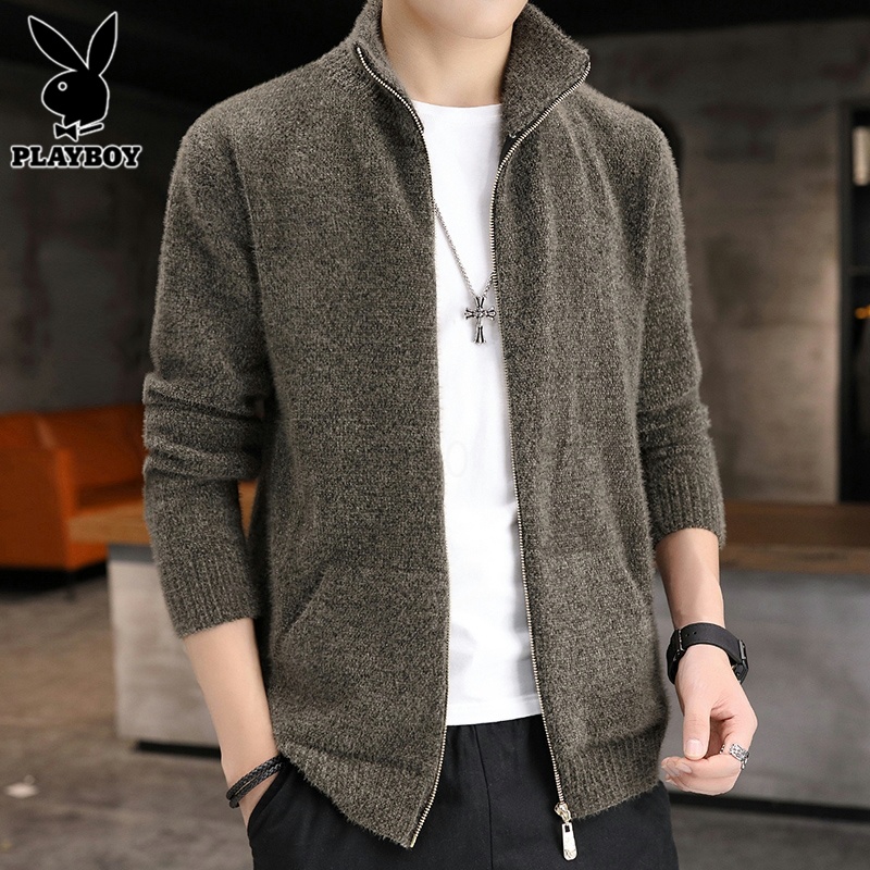 花花公子开衫毛衣男士立领夹克外套2025年春季新款水貂绒针织衫男
