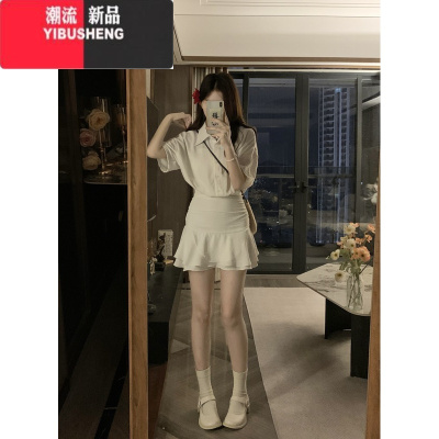 YIBUSHENG大码女装微胖法式polo领连衣裙季辣妹收腰小黑裙胖MM显瘦短裙子