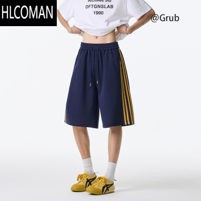 HLCOMAN美式复古运动短裤男夏季潮牌宽松百搭阔腿中裤条纹拼接五分裤