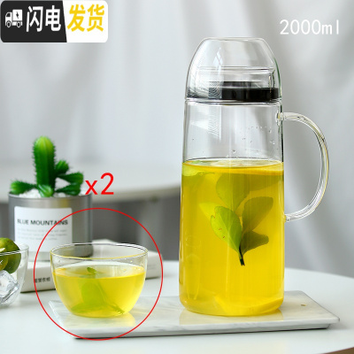 三维工匠全密封防尘玻璃冷水壶2大容量凉白开水杯耐热高温防爆家用放冰箱 2.0乐檬壶+2只杯盖凉水壶