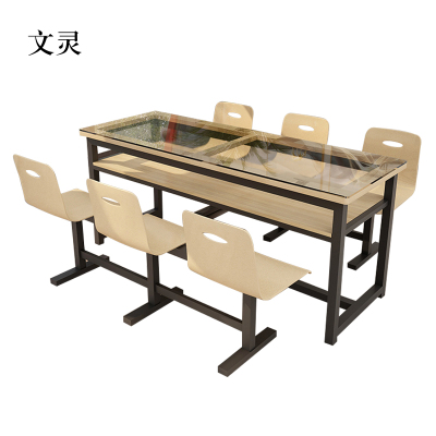 文灵餐桌6人学校食堂小吃店快餐桌椅饭堂钢化玻璃桌1800*600*750含椅
