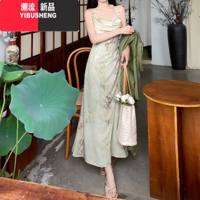 YIBUSHENG大码胖mm2024季女装裙子新中式国风复古吊带连衣裙高腰显瘦长裙