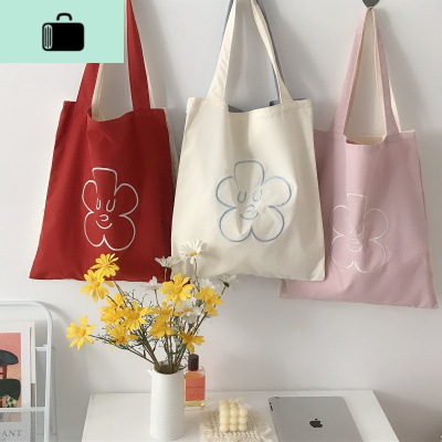 ins日系文艺慵懒简约刺绣花朵百搭薄款单肩帆布包购物袋NEW LAKE女士单肩包