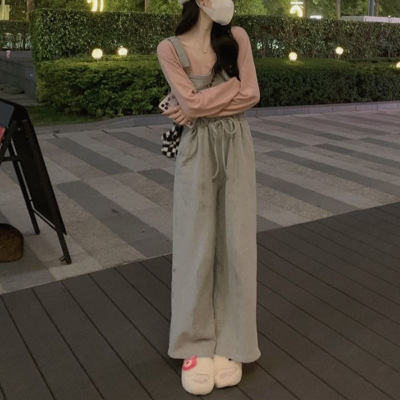 小个子穿搭背带裤+长袖T恤打底衫两件套户外休闲套装女装_1_363