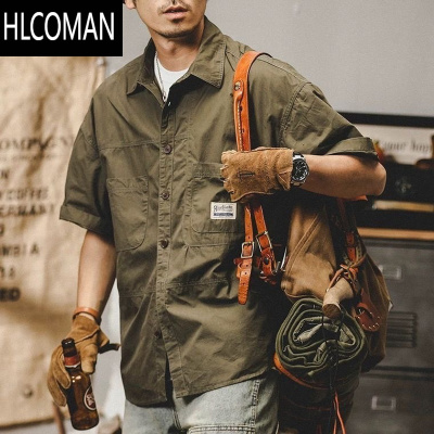 HLCOMAN美式复古大码肥佬工装衬衫男短袖宽松夏季高级感半袖胖子衬衣