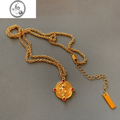 JiMi欧美复古红玛瑙人像古币吊坠项链女轻奢小众设计高级感锁骨链颈链