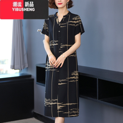 YIBUSHENG中老年女装棉绸连衣裙2024新款妈妈装气质优雅宽松显瘦印花裙子