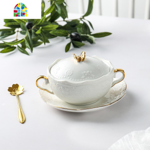 欧式燕窝小碗金边双耳蒸蛋碗陶瓷甜品糖水碗带盖套装鱼翅银耳汤盅 FENGHOU 金边款双耳盖碗(粉色)