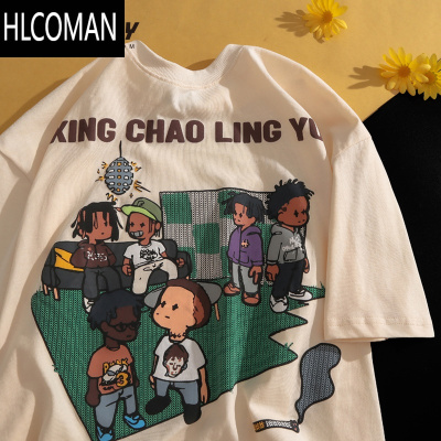 HLCOMAN美式潮牌短袖t恤男欧美嘻哈复古潮流篮球上衣oversize夏