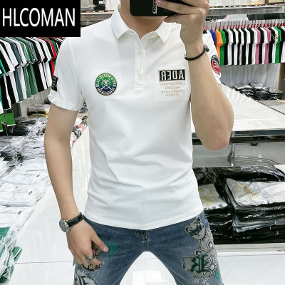 HLCOMAN2025欧美潮牌徽章印花短袖Polo衫男时尚修身翻领po短袖T恤上衣