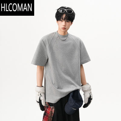 HLCOMAN太空棉拼接短袖T恤男夏季cleanfit设计感半袖美式宽松五分袖