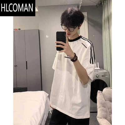HLCOMAN美式复古t恤三条杠条纹短袖男款夏季小领口情侣半袖