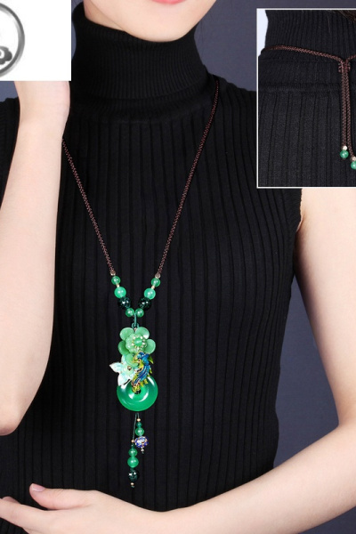 JiMi复古玛瑙平安扣毛衣链夏天气质女民族风吊坠装饰项链长款中式旗袍