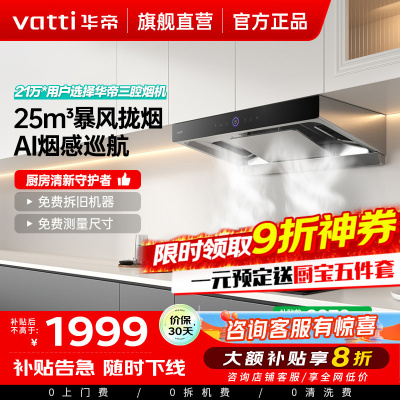 [国补]华帝(vatti)25m³抽油烟机跨界三腔惊世·S12直流变频1000Pa欧式挥手即开自清洁i11183